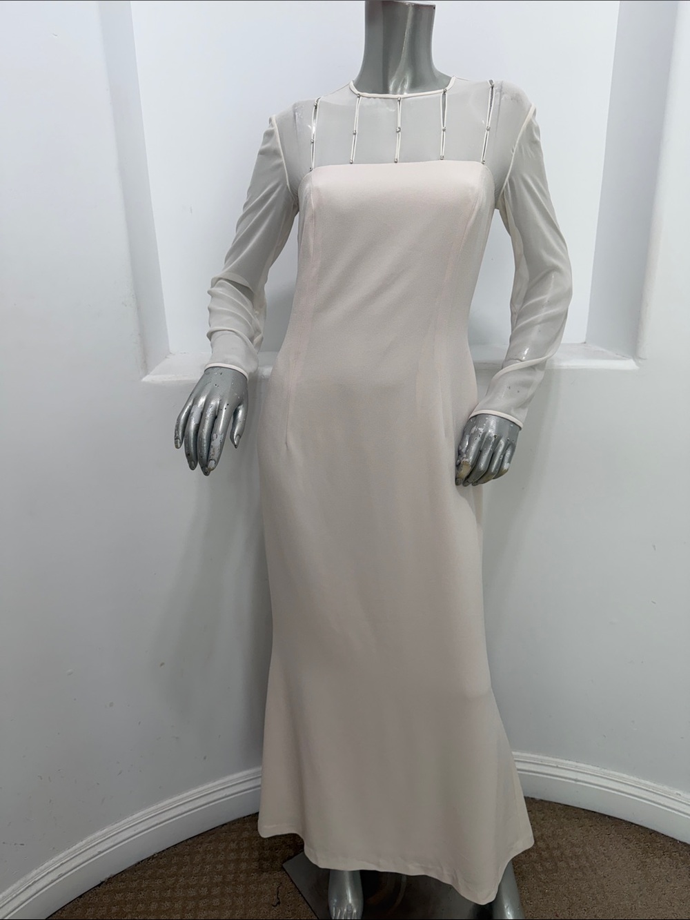 Daymor Couture Gown 4 Ivory Sheer Beaded Long Sleeve Formal Evening Maxi Dress